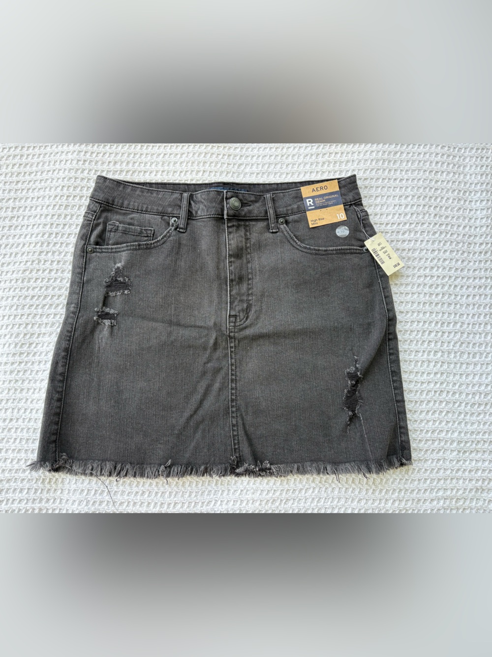AERO High-Rise Distressed Black Denim Mini Skirt